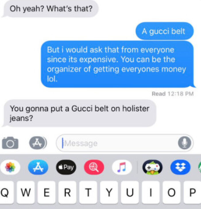 Text conversation screenshot showing a humorous exchange about a Gucci belt and anxiety prime.