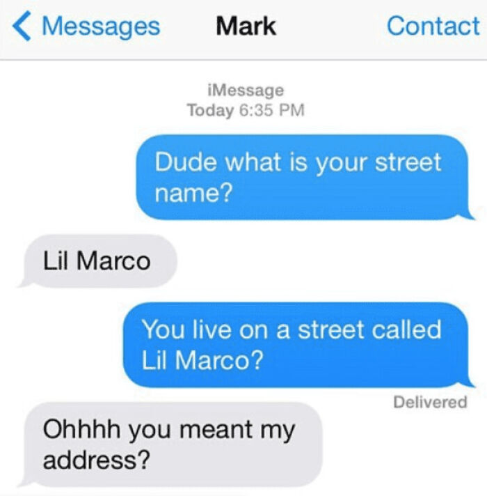 Text conversation humor about anxiety prime with a mix-up between street name and address in a messaging app.