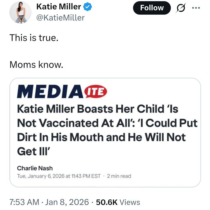 Tweet from Katie Miller sharing a misleading medical claim about vaccination with media site headline, illustrating medical knowledge spread.