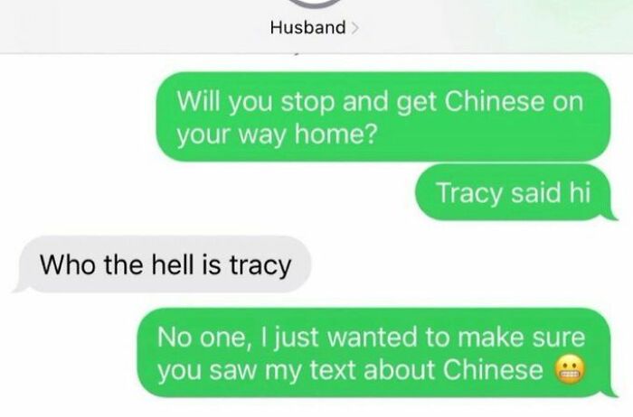 Text conversation showing humorous anxiety prime in a funny exchange about getting Chinese food on the way home.