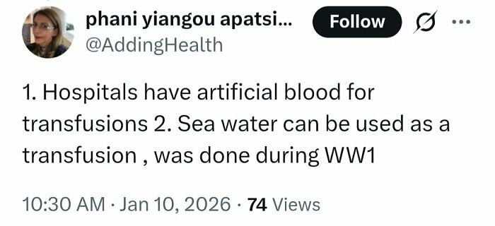 Screenshot of a tweet incorrectly spreading medical knowledge about blood transfusions and sea water usage during WW1.