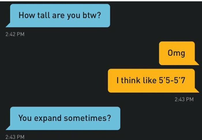 Text conversation showing someone asking about height and joking about expanding, related to anxiety prime humor.