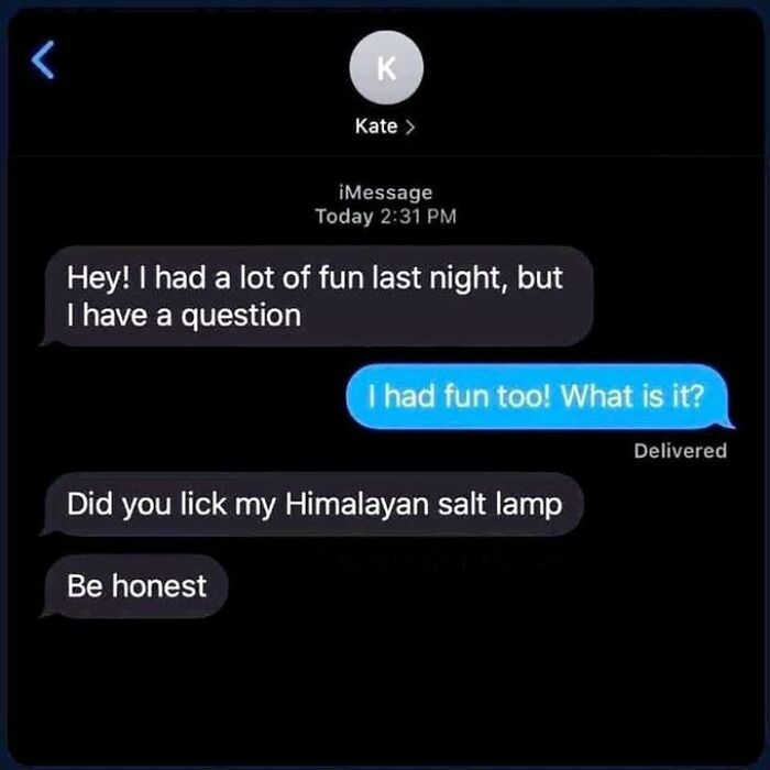 Text conversation screenshot showing funny messages discussing a question about licking a Himalayan salt lamp, relating to anxiety prime.