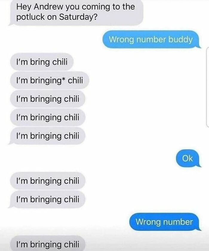 Text conversation showing repeated messages about bringing chili to a potluck, illustrating anxiety prime text humor.
