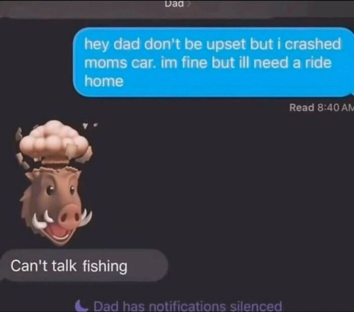 Text conversation showing anxious message about crashing a car and a dad replying can't talk fishing, humorous anxiety prime chat.