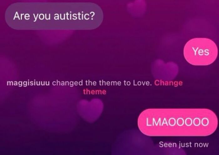 Text conversation with humorous exchange on a purple love-themed background related to anxiety prime topic.