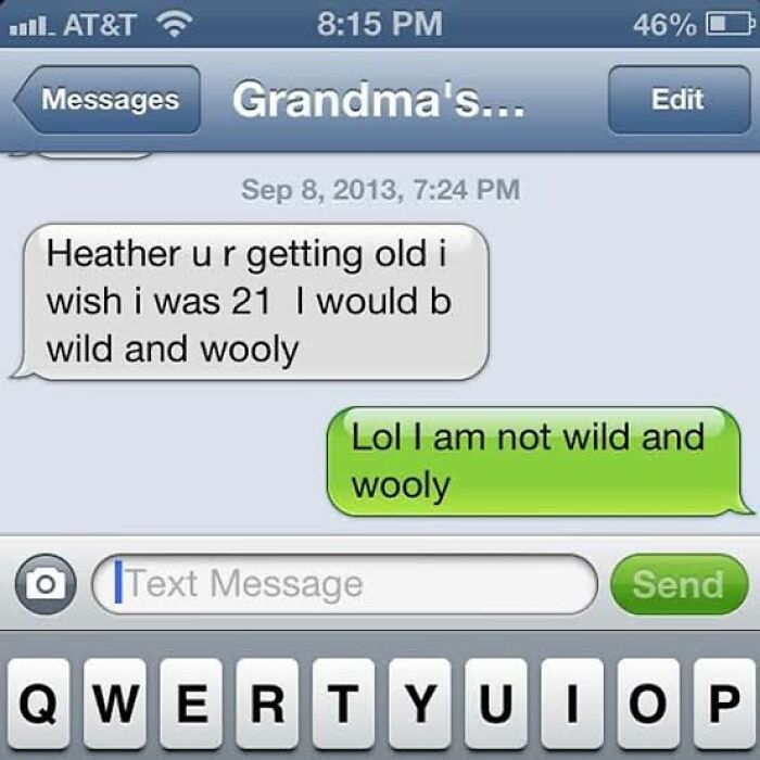 Screenshot of a humorous text conversation about getting old, relevant to anxiety prime funny text chats.
