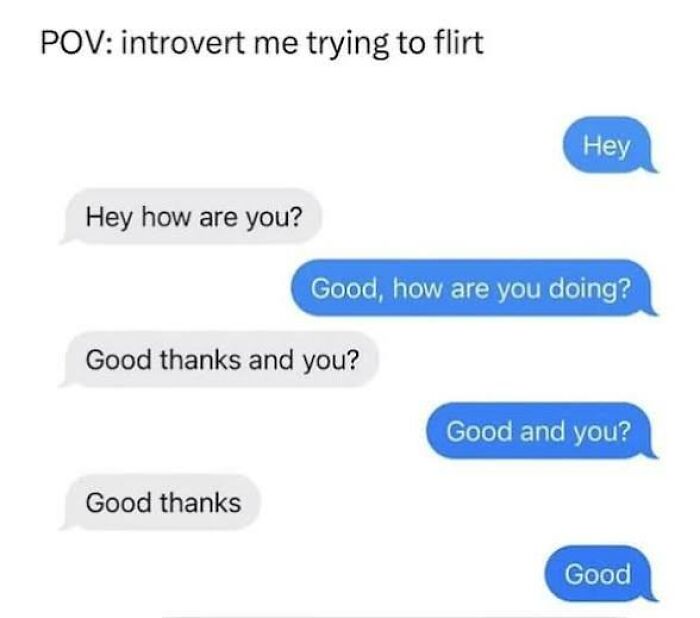 Text conversation showing an introvert awkwardly trying to flirt, illustrating anxiety prime in messaging.