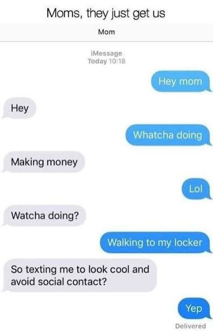 Text conversation between a mom and child, humorously highlighting anxiety and avoiding social contact.