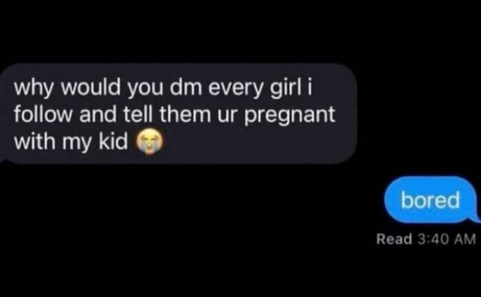 Text conversation showing humorous anxiety prime moment with a message about pregnancy rumors and a bored reply.