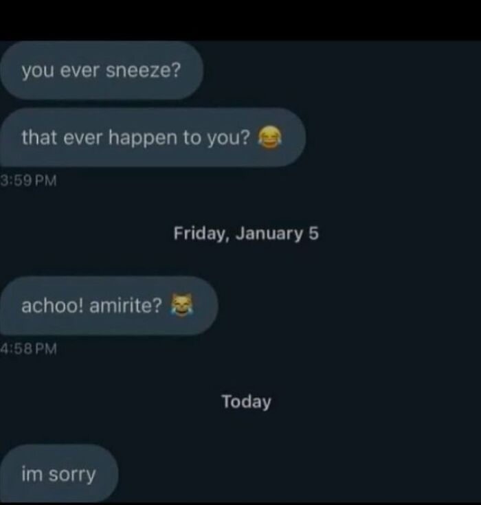 Text conversation with humorous messages about sneezing, reflecting light anxiety moments in casual chat threads.