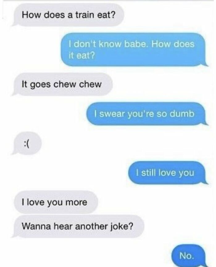 Text conversation with playful joke and affectionate replies, illustrating funny moments related to anxiety prime.