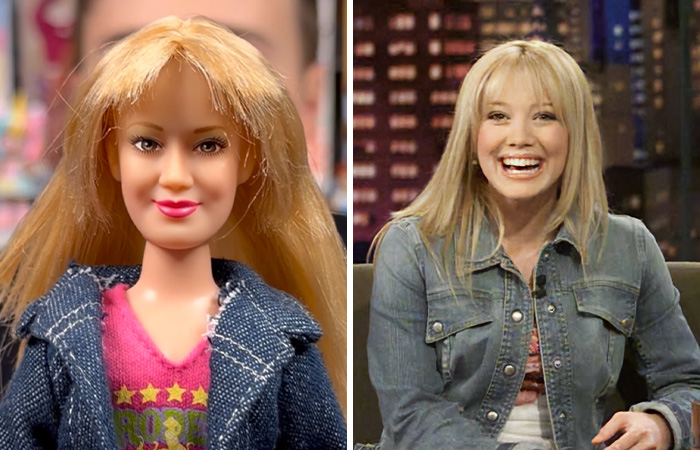 Celebrity doll with unrealistic features next to a smiling woman in a denim jacket, highlighting offensively ugly celebrity dolls.
