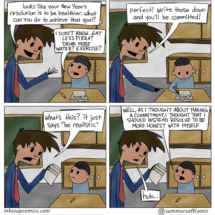 Comic strip showing a teacher and student discussing New Year’s resolutions, capturing the humor of teacher workload and chaos.