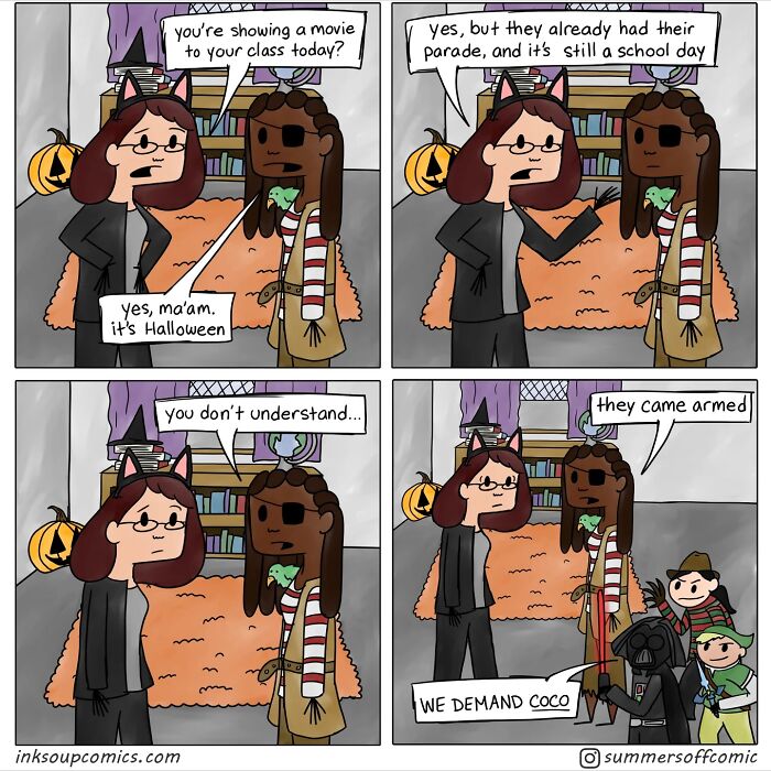 Teacher comic shows Halloween chaos with students in costumes demanding to watch a movie during the school day.