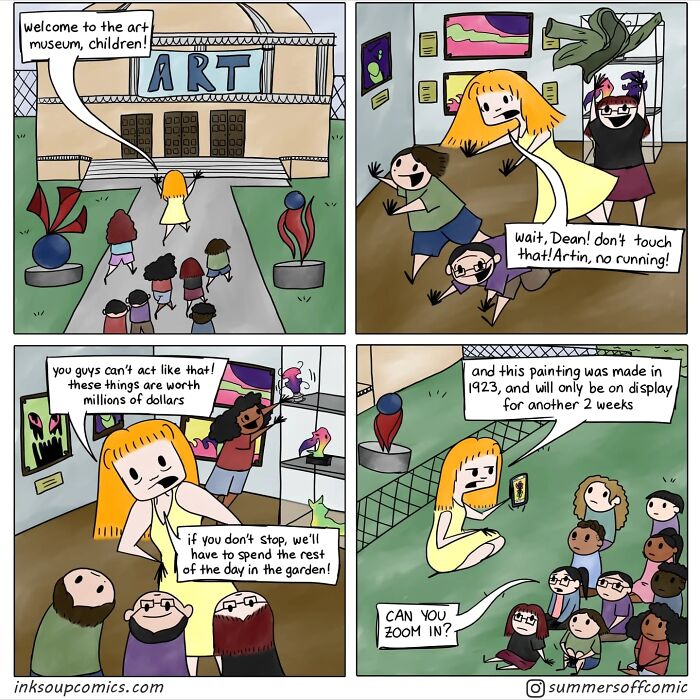 Comic showing a teacher managing kids in an art museum, capturing the workload, kids, and chaos in teacher comics.