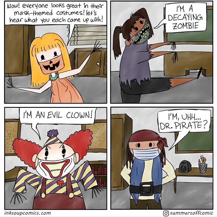 Comic panels showing kids in costume as a decaying zombie, evil clown, and uncertain doctor pirate in a classroom setting.