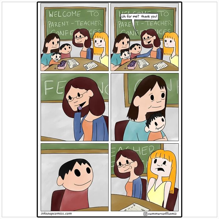 Comic panels showing a new teacher at a parent-teacher conference, capturing the workload and chaos with different parents and kids.