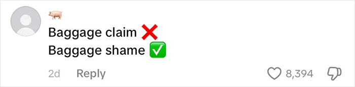 Comment highlighting baggage claim and baggage shame with red and green symbols, referencing passenger underwear going viral.