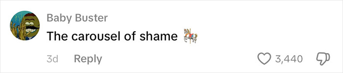Screenshot of a social media comment reading The carousel of shame with a unicorn emoji and 3,440 likes. Screenshot of a social media comment reading The carousel of shame with a unicorn emoji and 3,440 likes.