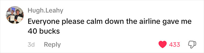 Screenshot of a social media comment where a passenger humorously asks others to calm down after the airline gave him 40 dollars. Screenshot of a social media comment where a passenger humorously asks others to calm down after the airline gave him 40 dollars.