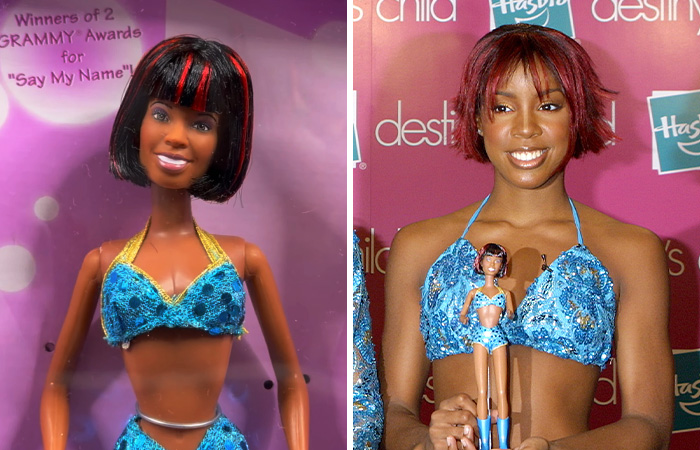 Side-by-side image of a celebrity doll and the real celebrity in matching blue outfits, highlighting celebrity dolls.