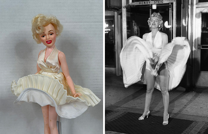 A vintage Marilyn Monroe doll in a white dress with an iconic skirt pose, featured in celebrity doll discussions.