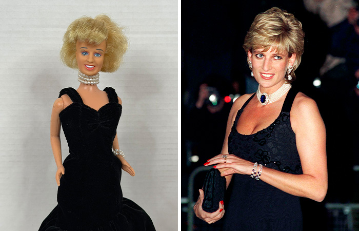 Offensively ugly celebrity doll wearing a black dress next to a photo of Princess Diana in a similar outfit.