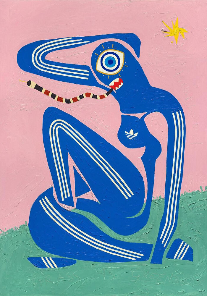 Abstract blue figure with white stripe motifs on pink background, green grass and yellow star - by Scottish artist