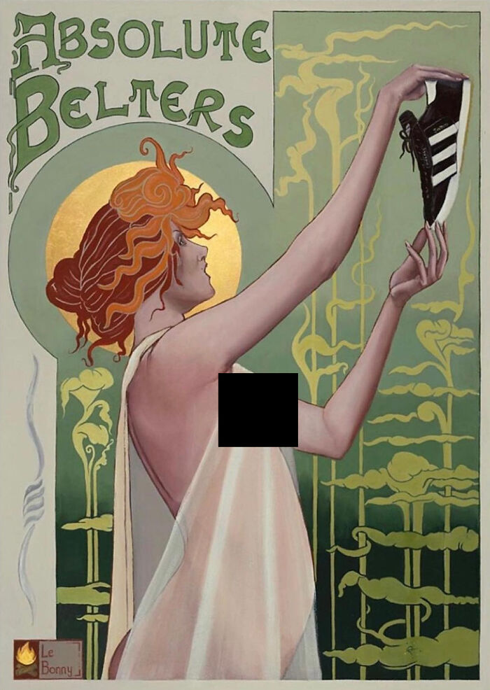 Scottish artist reimagines Art Nouveau woman with red hair draped gown holding a black Adidas sneaker in stylized poster