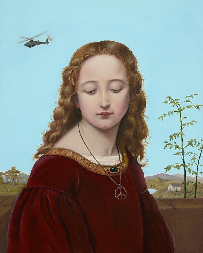 Scottish artist modern twist on classical portrait: young woman in red dress with peace pendant and helicopter in sky