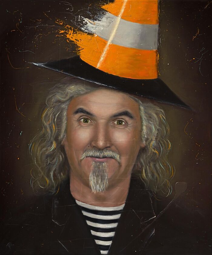 Scottish artist portrait of a smiling man with gray curls, striped shirt and orange traffic-cone hat in modern street style.