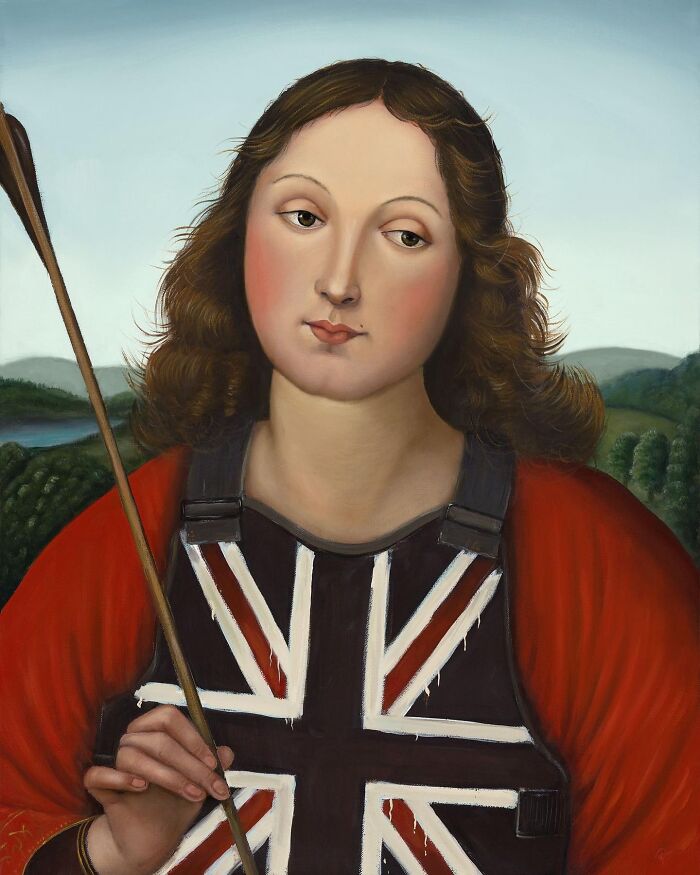 Scottish artist reimagines a Renaissance saint in Union Jack body armor and red robe, holding a staff in a calm landscape