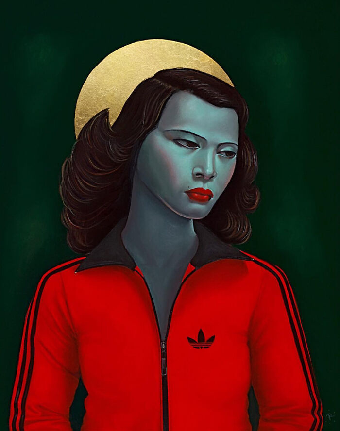 Portrait by Scottish artist: stylized woman with halo, gray skin, red lips wearing red Adidas tracksuit on green background