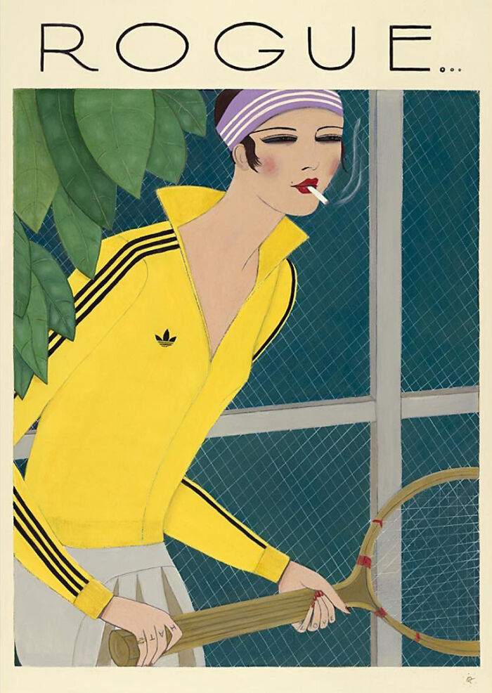 Scottish artist modern street culture portrait of woman in yellow tracksuit holding tennis racket smoking