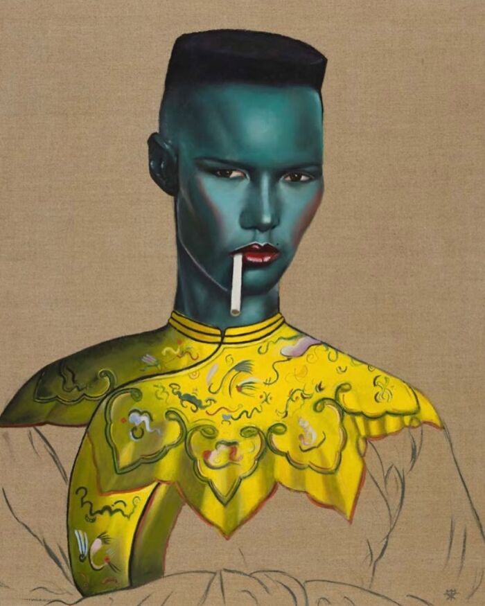 Scottish artist reinterpretation: blue-skinned portrait with flat-top haircut, cigarette and ornate yellow embroidered collar