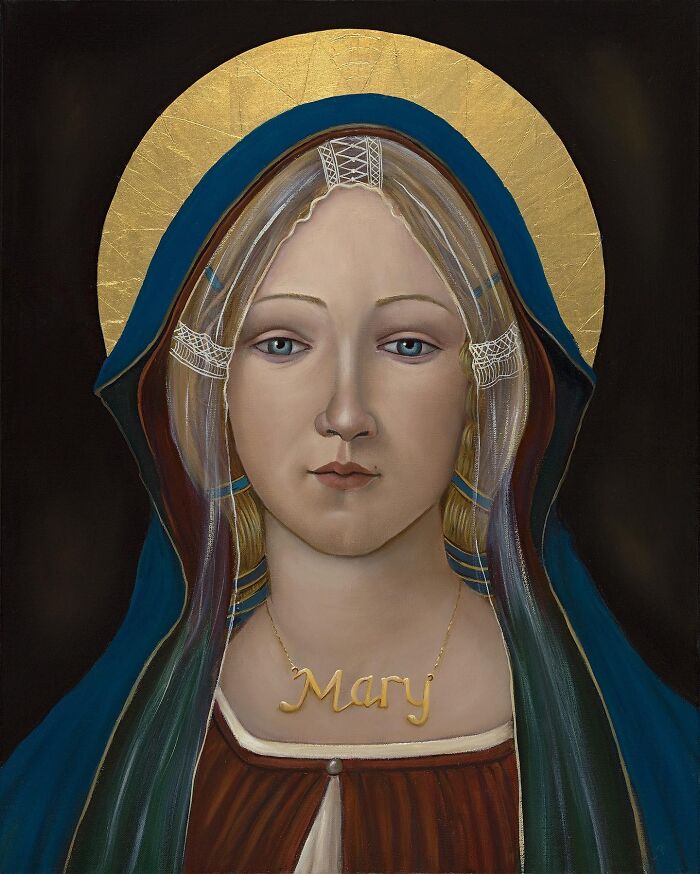Scottish artist reimagined classic Madonna portrait with gold halo, blue cloak and Mary name necklace
