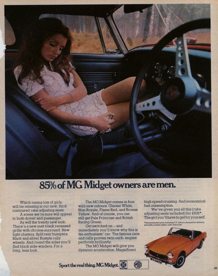 Vintage women’s ads featuring a woman in a car highlighting gender roles and MG Midget car ownership statistics.