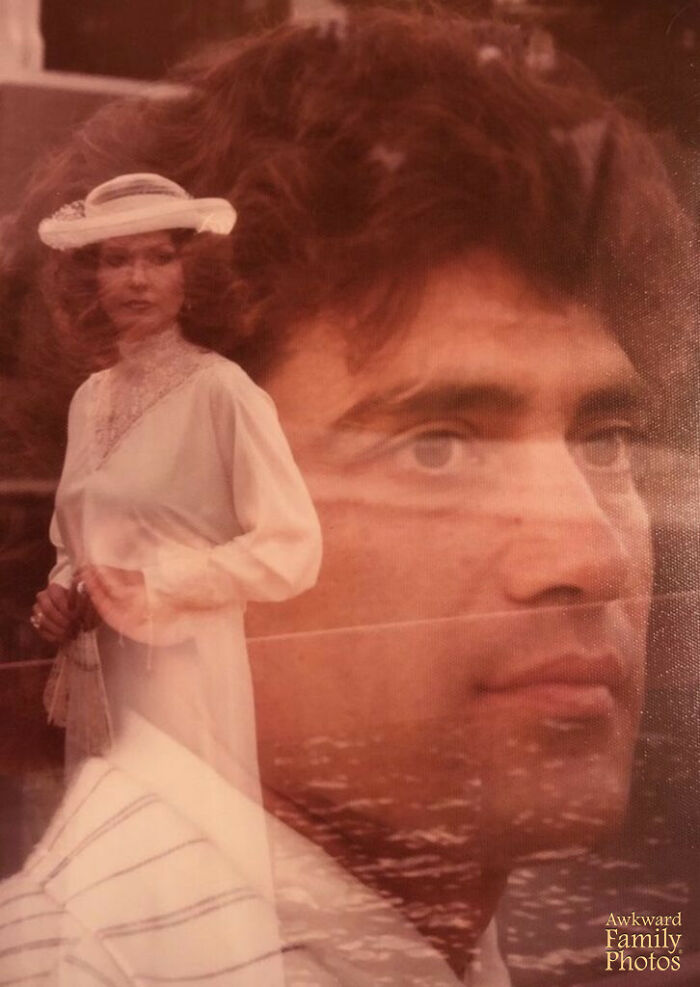 Double exposure wedding photo showing a bride in a hat and a groom's close-up face, an awkward wedding photo example.