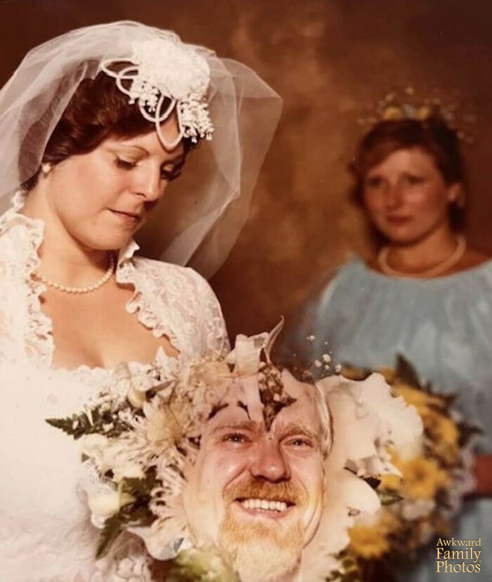 Bride holding a smashed bouquet with groom's face in it, featuring awkward wedding photo moments and funny expressions.