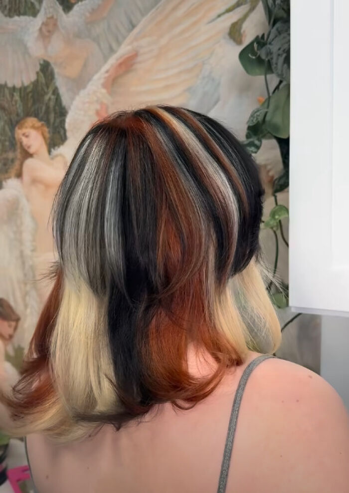 Multi-colored layered hairstyle with contrasting black, blonde, red, and silver streaks showcasing a disastrous hairstyle choice.