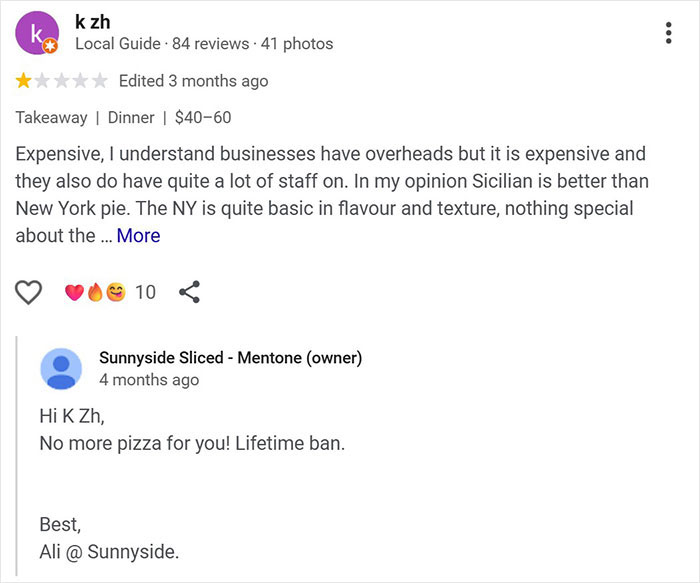 Online review showing a pizzeria owner&rsquo;s salty reply banning a customer for harsh feedback on pizza quality.