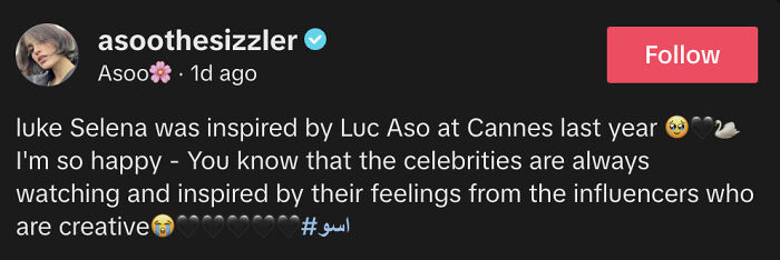 Social media post accusing Selena Gomez of plagiarizing Arab influencer&rsquo;s look, discussing inspiration and celebrity influence.