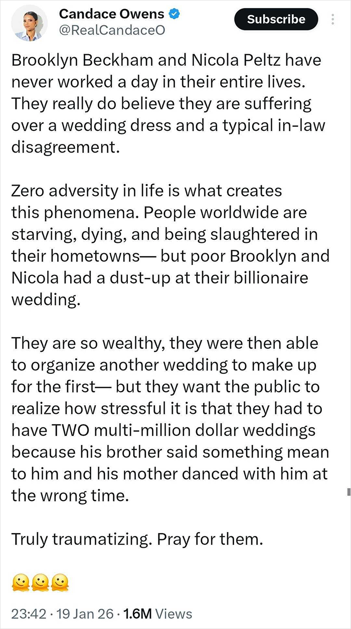 Twitter post by Candace Owens criticizing Brooklyn Beckham and Nicola Peltz amid family feud and wedding controversy.