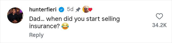 Alt text: Screenshot of a comment by user hunterfieri joking about selling insurance, showing a casual social media interaction. Alt text: Screenshot of a comment by user hunterfieri joking about selling insurance, showing a casual social media interaction.