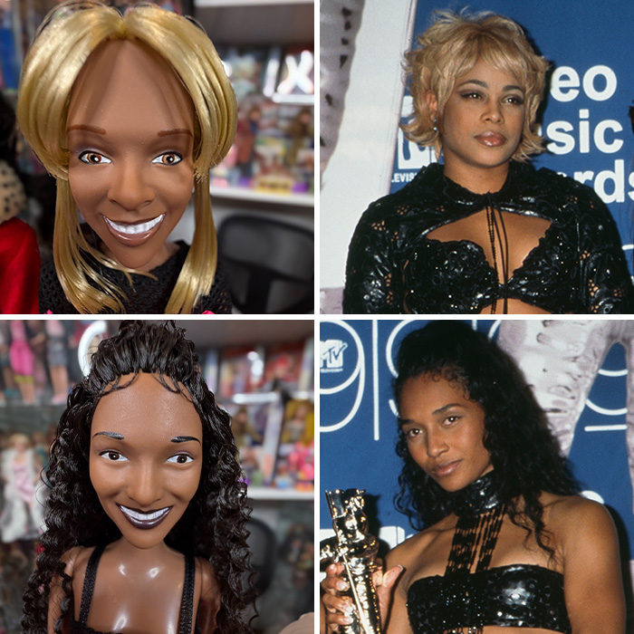 Two photos of celebrity dolls with exaggerated features and two photos of female celebrities at award events.