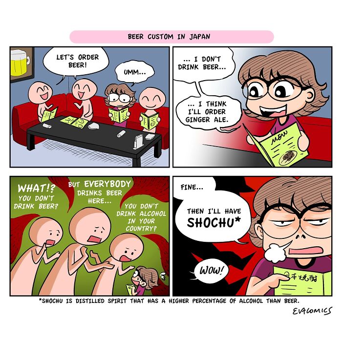 Comic panels showing travel culture shock with a traveler ordering drinks in Japan, highlighting cultural differences in alcohol consumption.