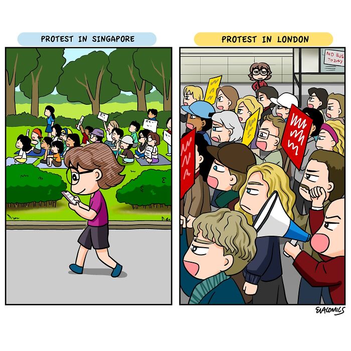 Comic panels showing travel culture shock with contrasting protests in Singapore and London, illustrating relatable travel comics.
