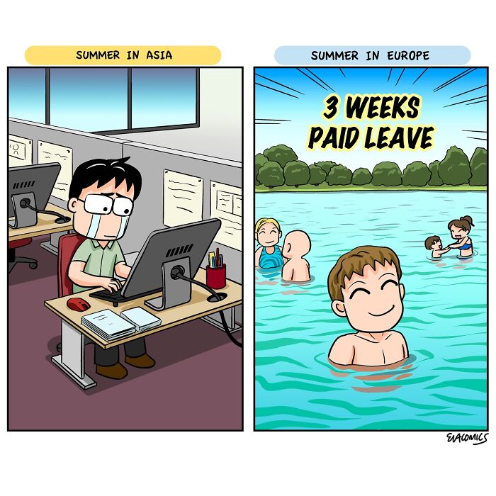 Comic illustrating travel culture shock with contrasting summer work scenes in Asia and Europe, capturing relatable travel experiences.