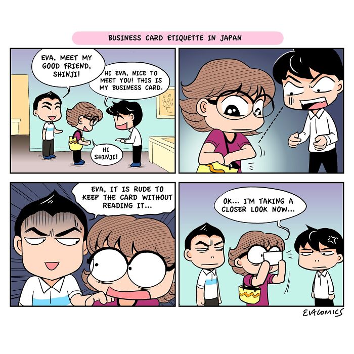 Comic panels illustrating travel culture shock about business card etiquette in Japan, part of relatable travel comics series.
